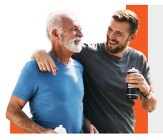 son with arm around father as both drink from water bottles after workout