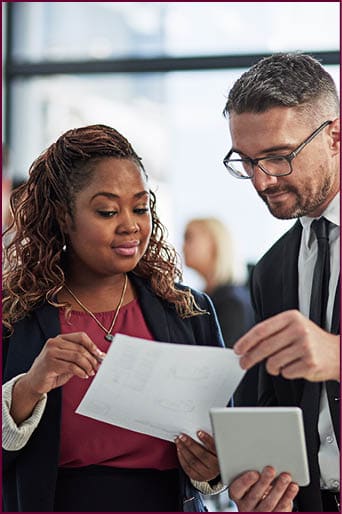 Document, tablet and business people in office with discussion, ideas or planning online report together. Man, woman and digital app in meeting with advice, schedule or support in corporate teamwork.