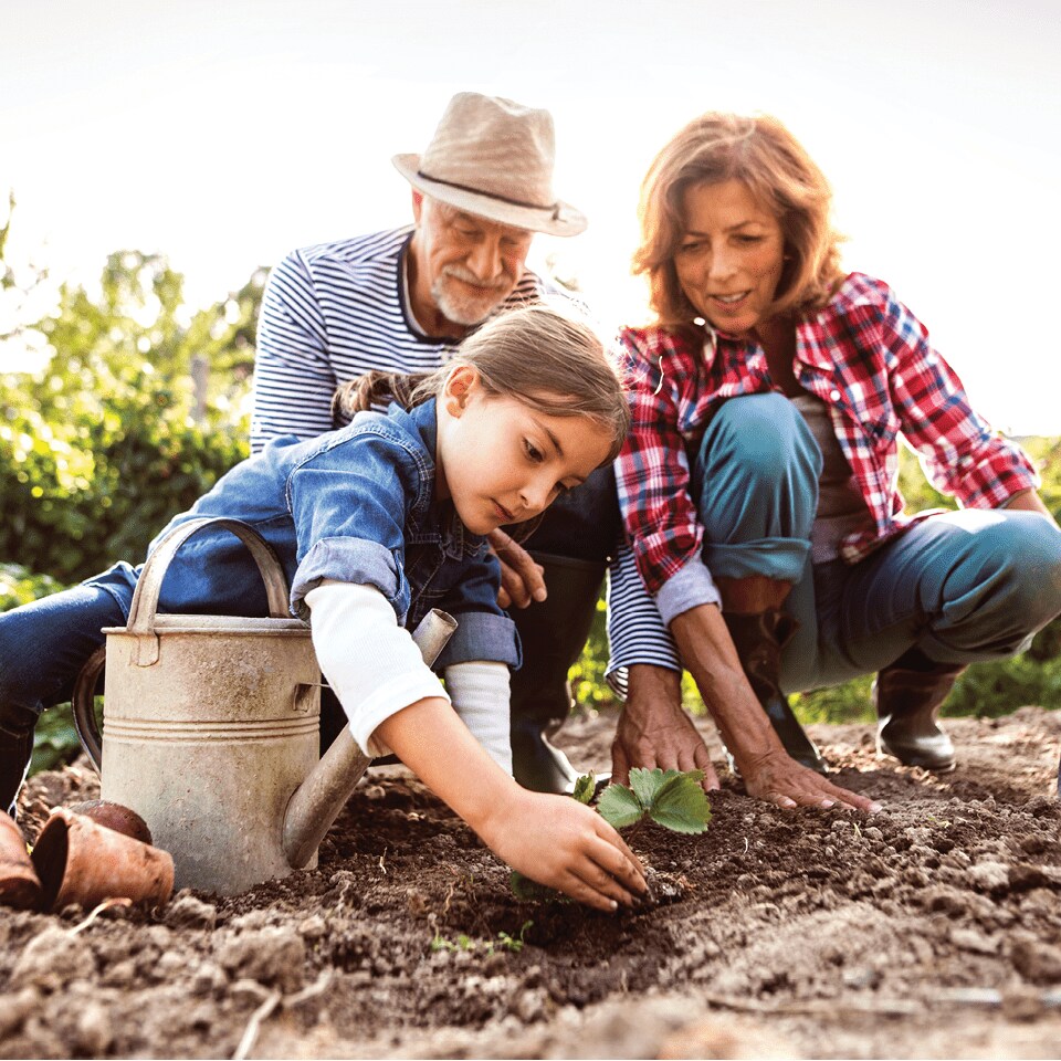 Image of older couple gardening with young girl.